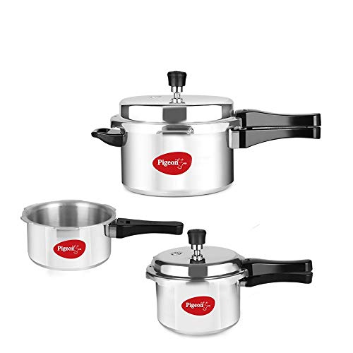 Pigeon By Stovekraft 12735 Non-Induction Base Outer Lid Aluminium Pressure Cooker Combo With Lid, 2L, 3L, 5L, Silver