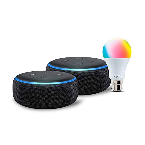 Echo Dot (3Rd Gen, Black) Gift Twin Pack With Wipro 9W Led Smart Bulb