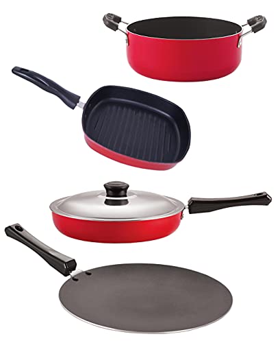 Nirlon Nonstick Premium Quality Aluminium Kitchenware Set 4-Piece With Bakelite Handle, Red (Ct11_Fp12_Gp24.5_Cs24)