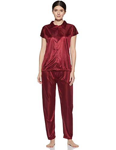 Fabme Women’S Plain Satin Night Suit (Shirt And Pyjama) (Maroon) (Size – Large|| Bust 38″)