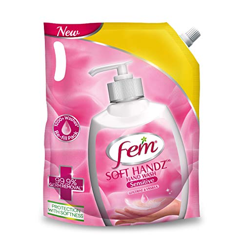 Fem Soft Handz Handwash Sensitive : Kills 99.9% Germs | Enriched With The Goodness Of Glycerine And Vanilla |1200+ Washes Liquid Soap Refill Pack – 1500Ml