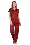 Fabme Women’S Plain Satin Night Suit (Shirt And Pyjama) (Maroon) (Size – Large|| Bust 38″)